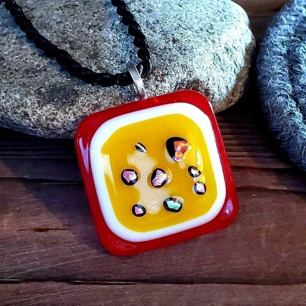 Handcrafted Red Yellow White Multi Fused Dichroic Glass Square Pendant Necklace